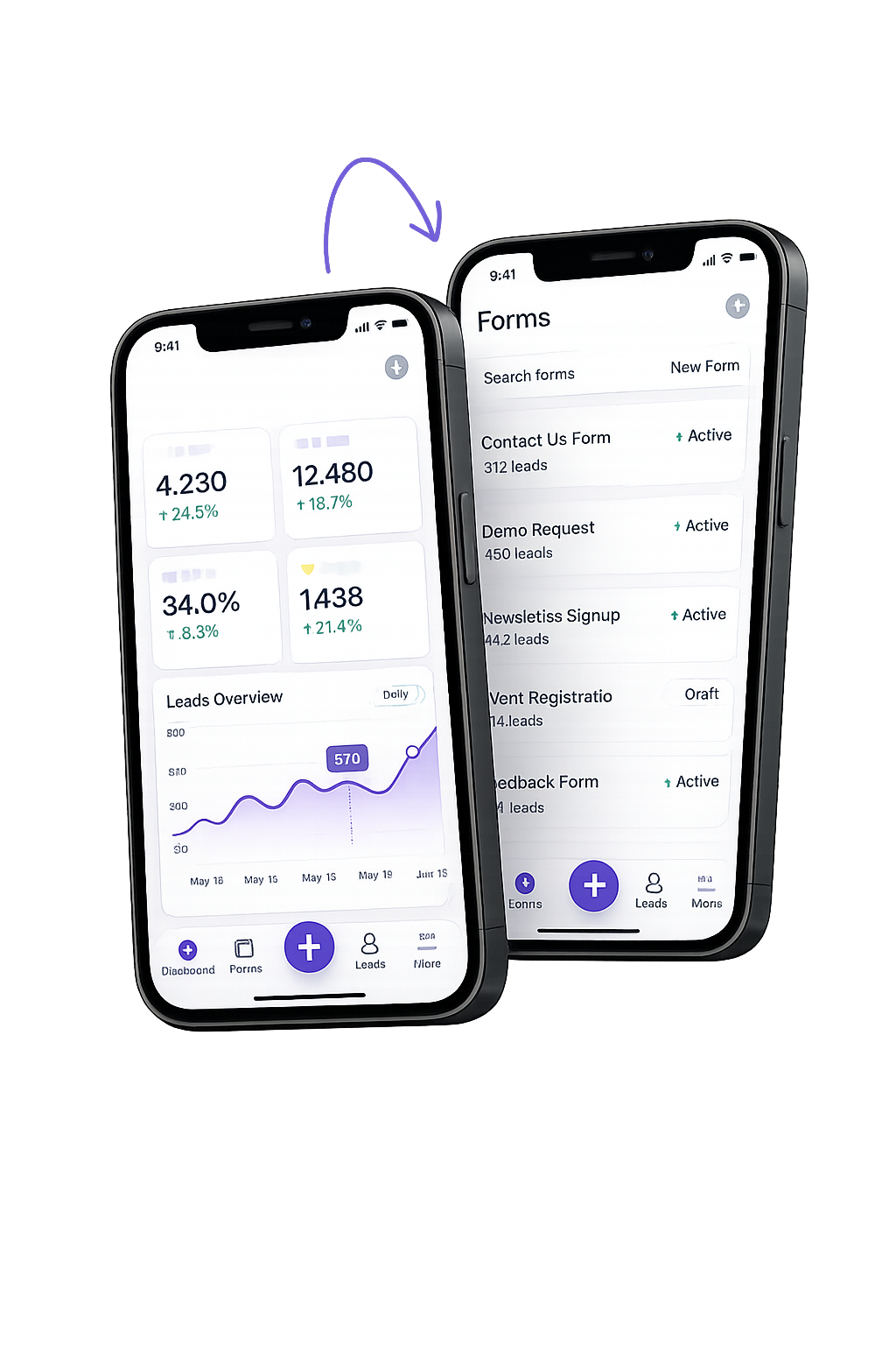 Leadform app showing dashboard stats and forms list on two phones